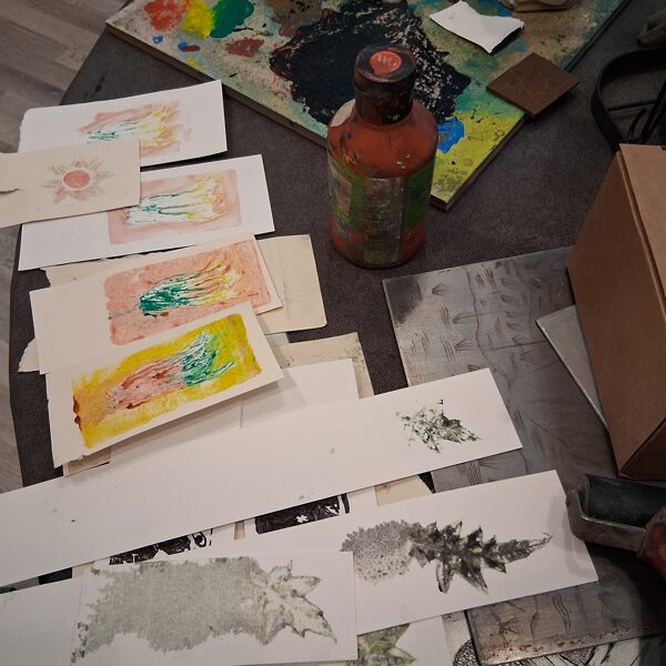 The result of the Master-class: linocut, colography, monotype, etching attempts.