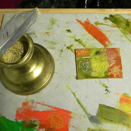 linocut with gold powder