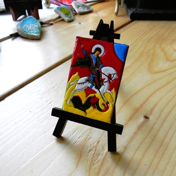 Miniatūra. Par tēmu "Svētais Juris". 5x3cm. Autortehnika uz audekla. 2025