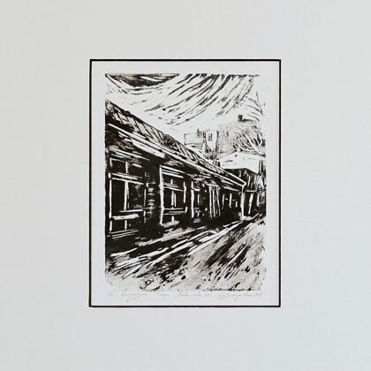 "Rīgas koka arhitektūra. Stabu iela 26". Papīrs, linogriezums. 35,5x30,5cm. 2014