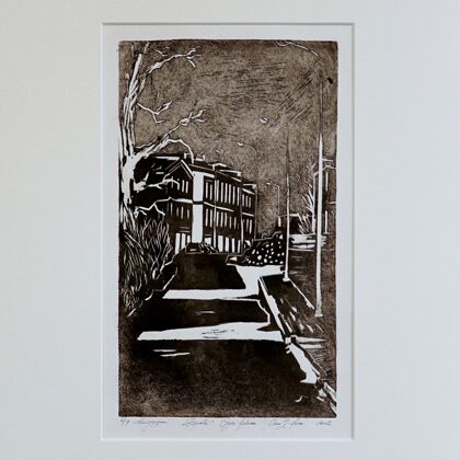 "Rīga. Ģipša farbrika. Enkura iela". Papīrs, linogriezums. 29x22,2cm. 2012