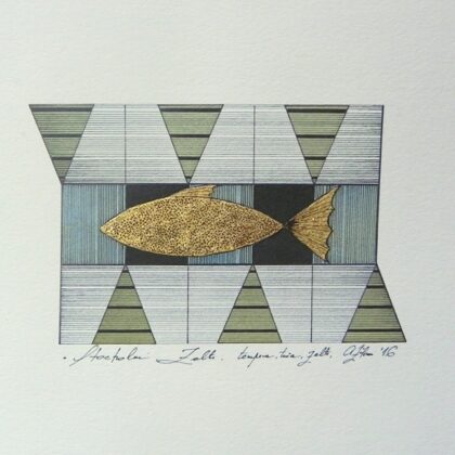 "Zviedrija. Zelts". Papīrs, tuša, olas tempera, zelts. 12x7,5cm. 2016