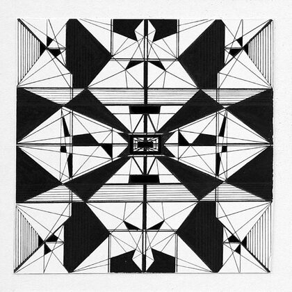 "Pilsētas ritms II". Papīrs, tuša. 10x10cm. 2005