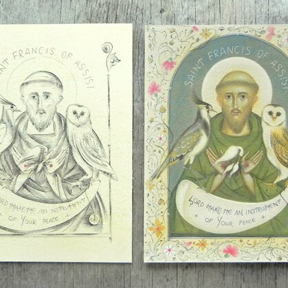 Sv.Francisks ar Īrijas aizsargājamiem putniem. Olas tempera, tuša uz papīra. 2023