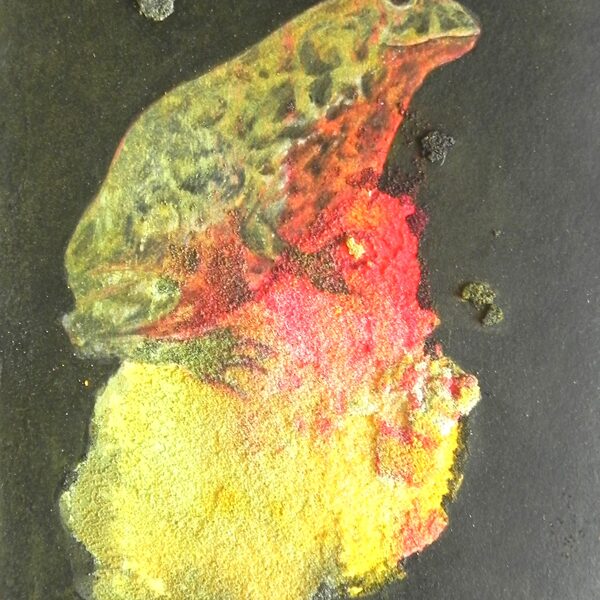 Sarkanvēdera ugunskrupis. Bombina bombina L. Monotipija, olas tempera, zelts. 15,2x10,5cm.