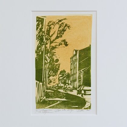 "Riga. Maza kalna street". Paper, linocut, egg tempera. 27x19cm. 2015
