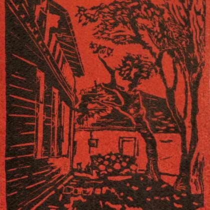 "Liepaja wooden architecture". Paper, colored linocut. 27x15,2cm. 