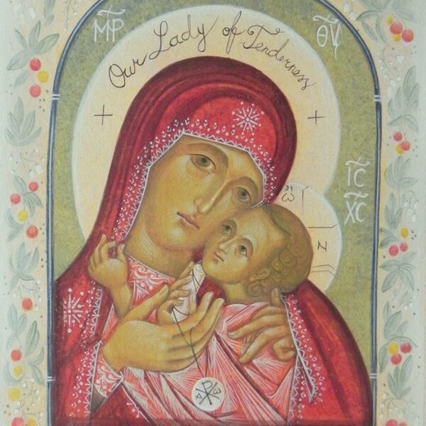 Our Lady of Tenderness. With plants protected in Ireland. Egg tempera on paper. 2023