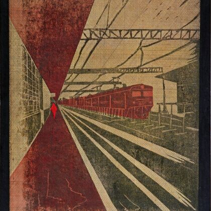 "Riga Railway Station in Autumn". Paper, linocut, rapidograph, ink. 33x23,5cm. 2019