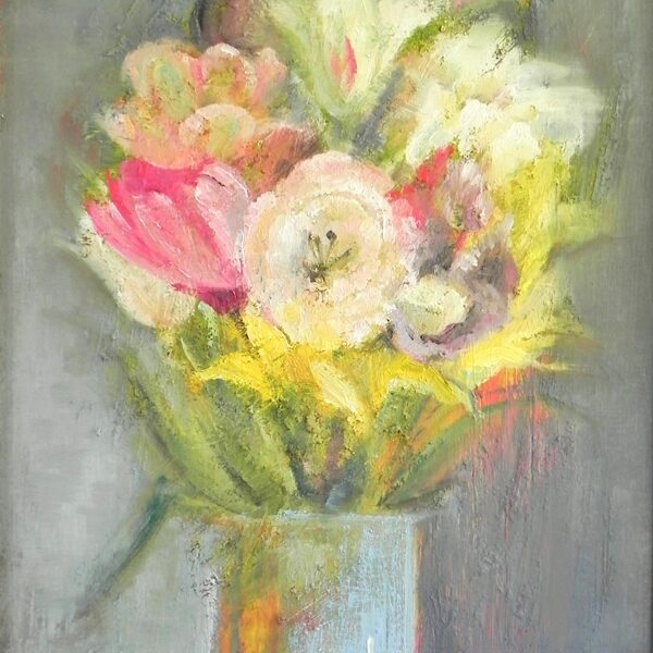 "Tulips in spring". Oil on cardboard. 56x41cm. 2024