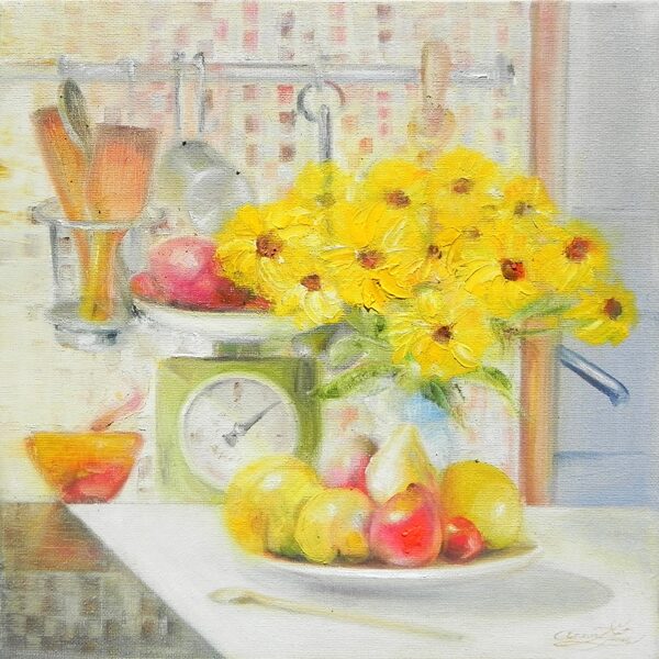 "Summer in the kitchen". Oil on canvas. 30x30cm. 2024