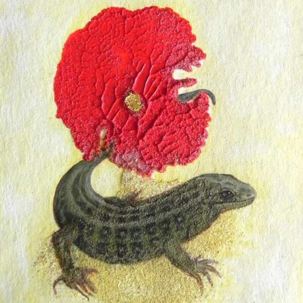 Sand lizard. Lacerta agilis L. Monotipia, egg tempera, gold. 14x10,5cm. 2024