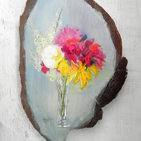 "Spring flowers". Oil, levkass on wood. 30x19cm. 2022