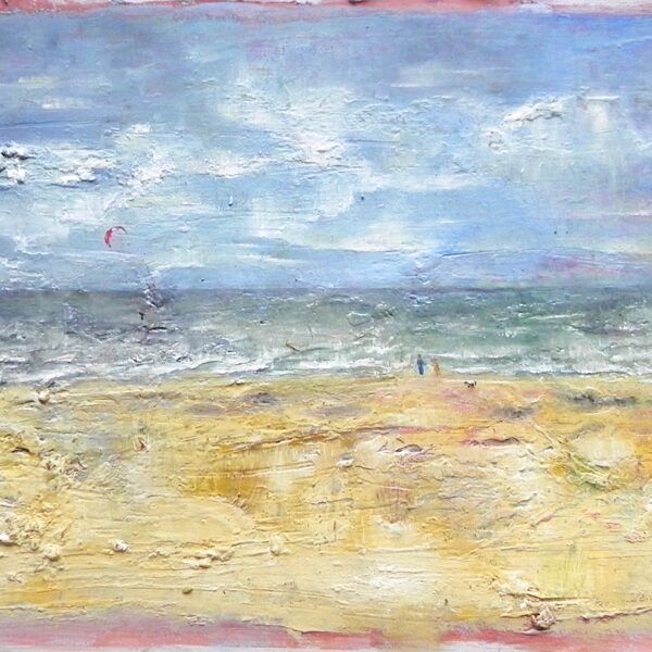 "A windy day on the Liepaja beach". Oil on cardboard. 63x24cm. 2024