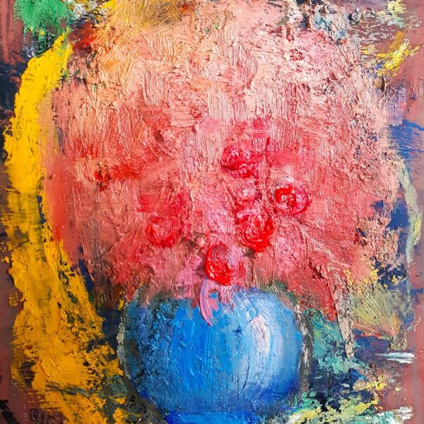 "Flowers in a blue vase". Oil on cardboard. 50x37cm. 2023