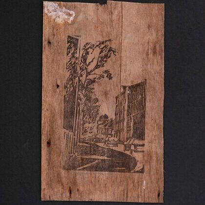 "Riga wooden architecture. Maza kalna street". Linocut on a wooden bark. 46x34cm. 2015