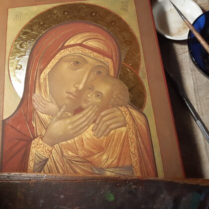 2022-2023. Dievmātes ikona "Slīkstošo glābēja". Gleznošana ar šķidro zeltu.