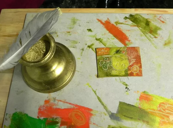 linocut with gold powder