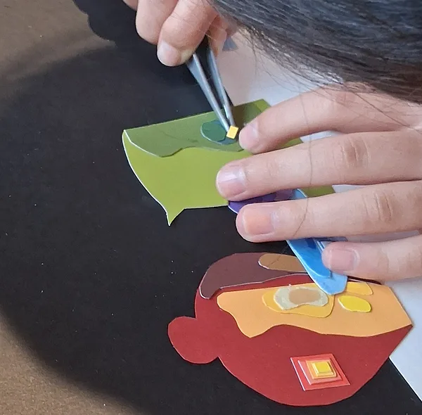 21.07.2026. The task is to learn to work precisely, with small pieces of paper, to choose tones, create a composition.