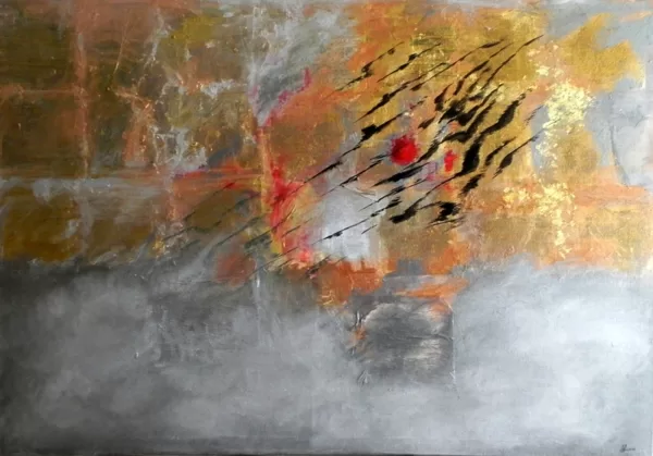 "Vētras putni". Audekls, eļļa, akrils, zelts. 100x70cm. 2015