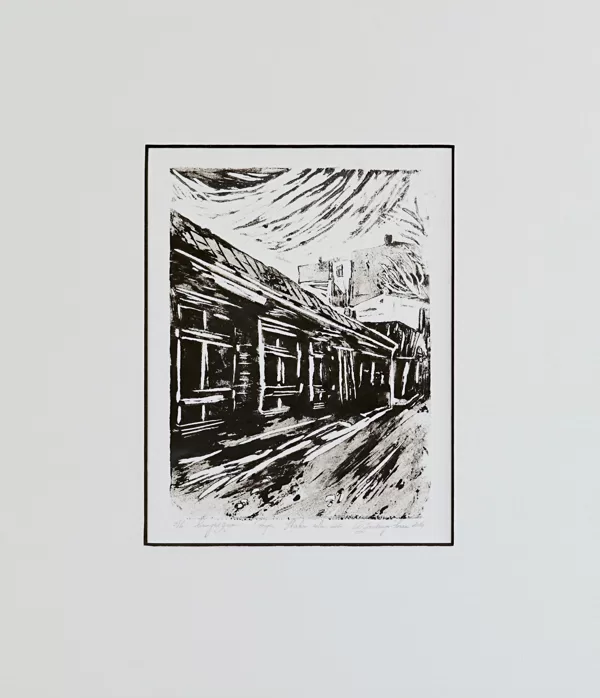 "Rīgas koka arhitektūra. Stabu iela 26". Papīrs, linogriezums. 35,5x30,5cm. 2014