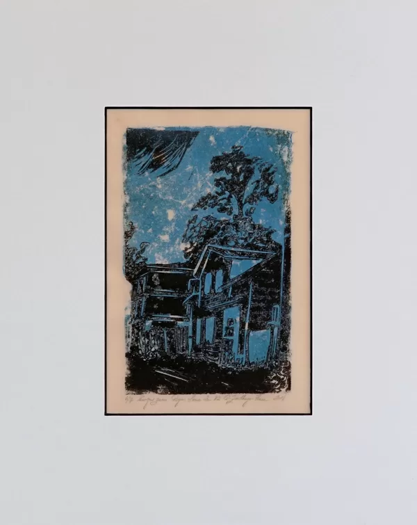"Rīgas koka arhitektūra. Slokas iela 82". Papīrs, krāsains linogriezums. 18x12cm. 2014