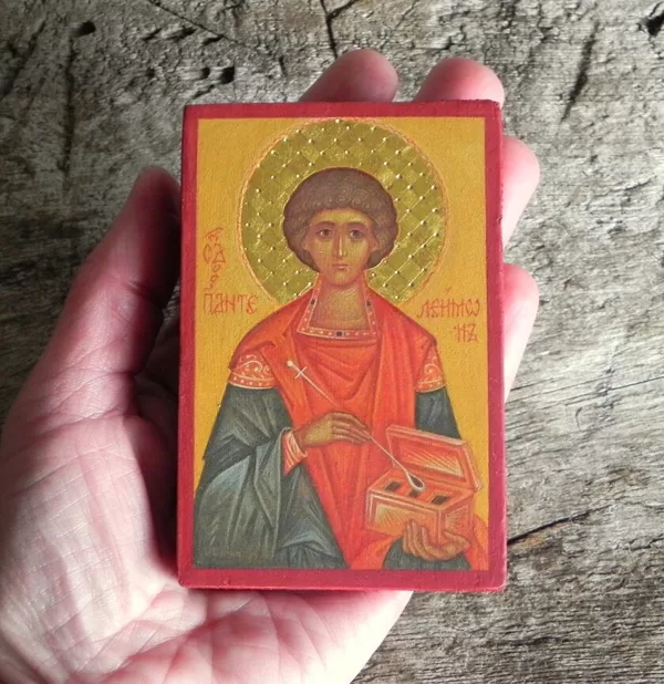 Miniatūra. Sv.Panteleimons. Olas tempera, zelts. 10,5x7,5cm.