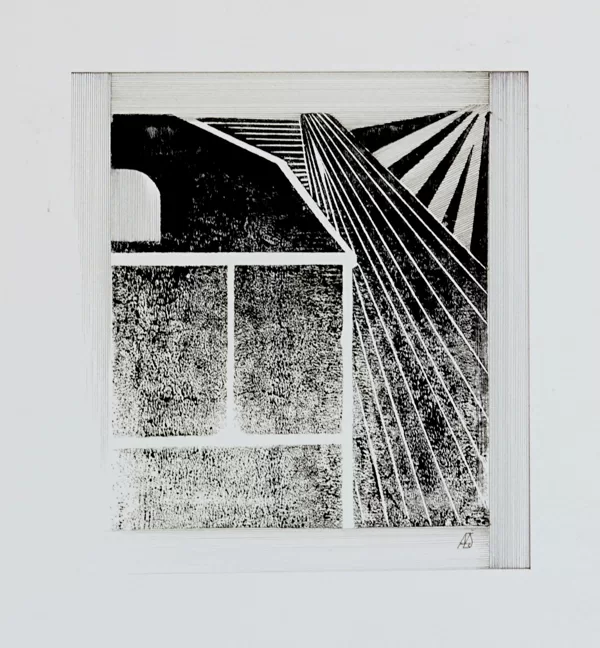 "Ilgas pēc mājām". Linogriezums, rapitogrāfs. 21,5x20cm. 2020