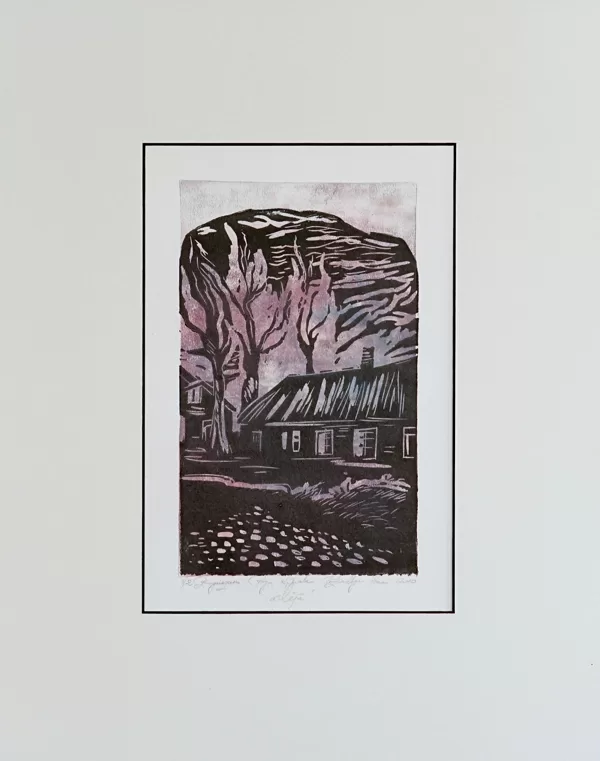 "Rīgas koka arhitektūra. Ķīpsala, Balasta dambis 62". Papīrs, krāsains linogriezums. 29,22