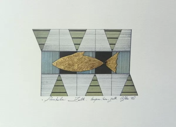 "Zviedrija. Zelts". Papīrs, tuša, olas tempera, zelts. 12x7,5cm. 2016