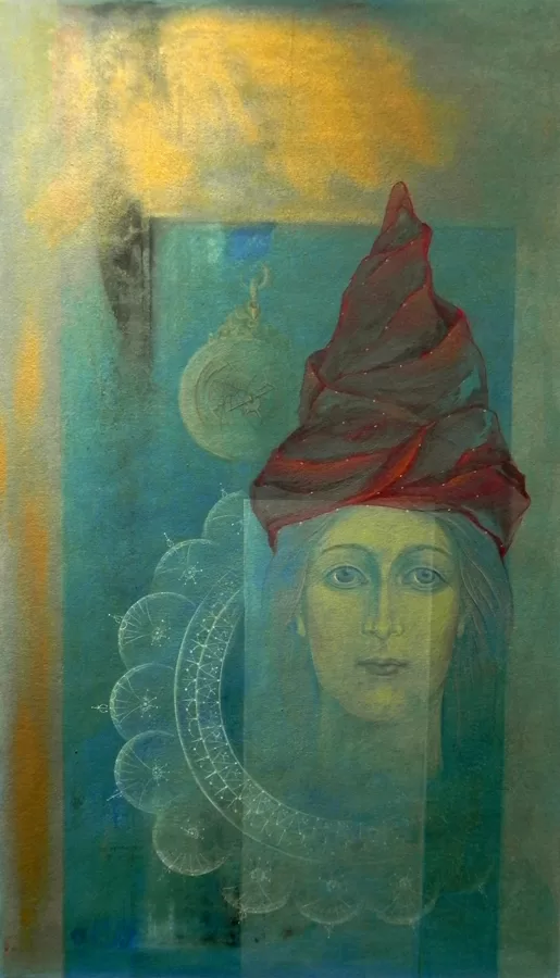 Tālās jūras pasakas. 81,5x57,5cm. Monotipija, olas tempera. 2021