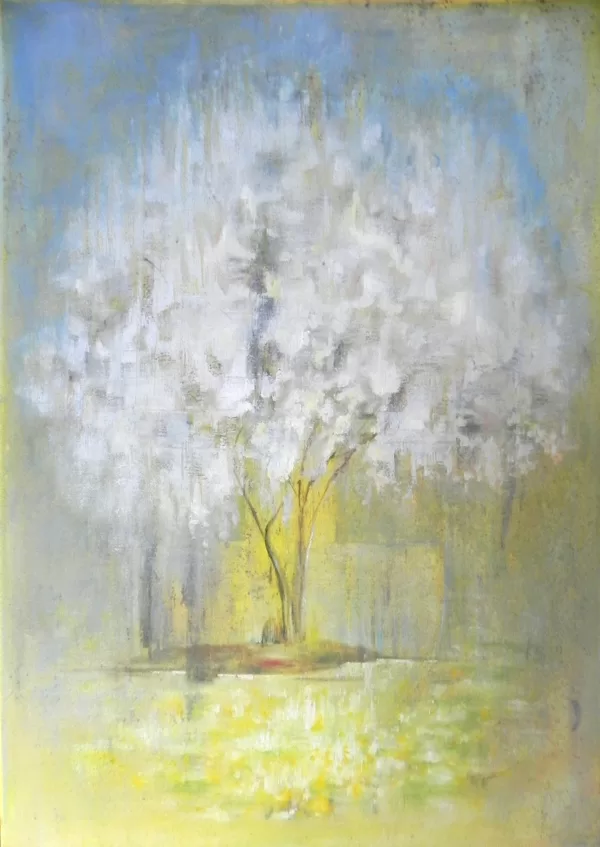 "Ķirši zied". Audekls, eļļa, autortehnika. 70x50cm. 2024