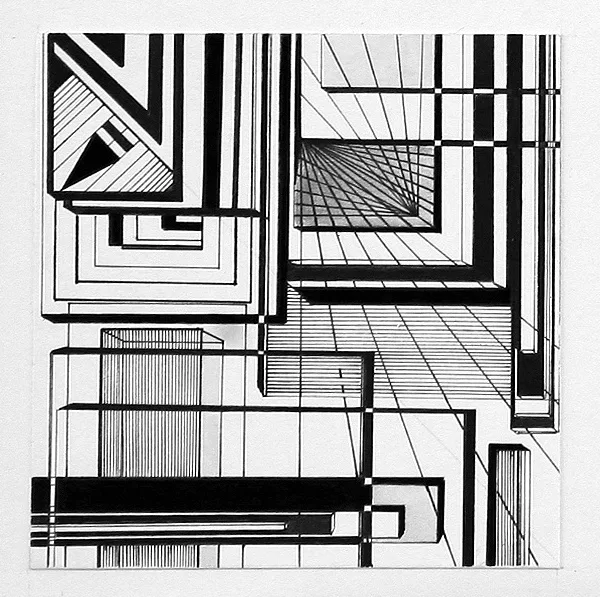 "Pilsētas ritms VI". Papīrs, tuša. 10x10cm. 2005