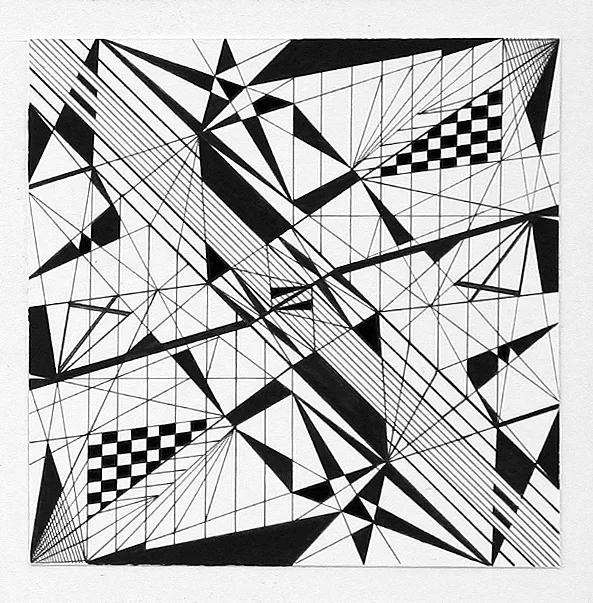 "Pilsētas ritms V". Papīrs, tuša. 10x10cm. 2005