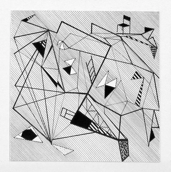 "Pilsētas ritms VII". Papīrs, tuša. 10x10cm. 2005