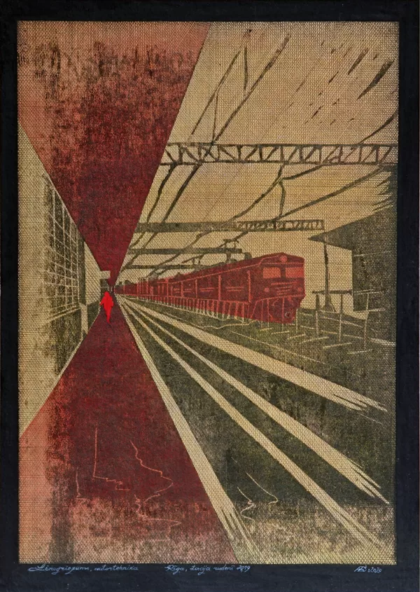 "Rīgas stacija rudenī". Papīrs, linogriezums, rapitogrāfs, tuša. 33x23,5cm. 2019