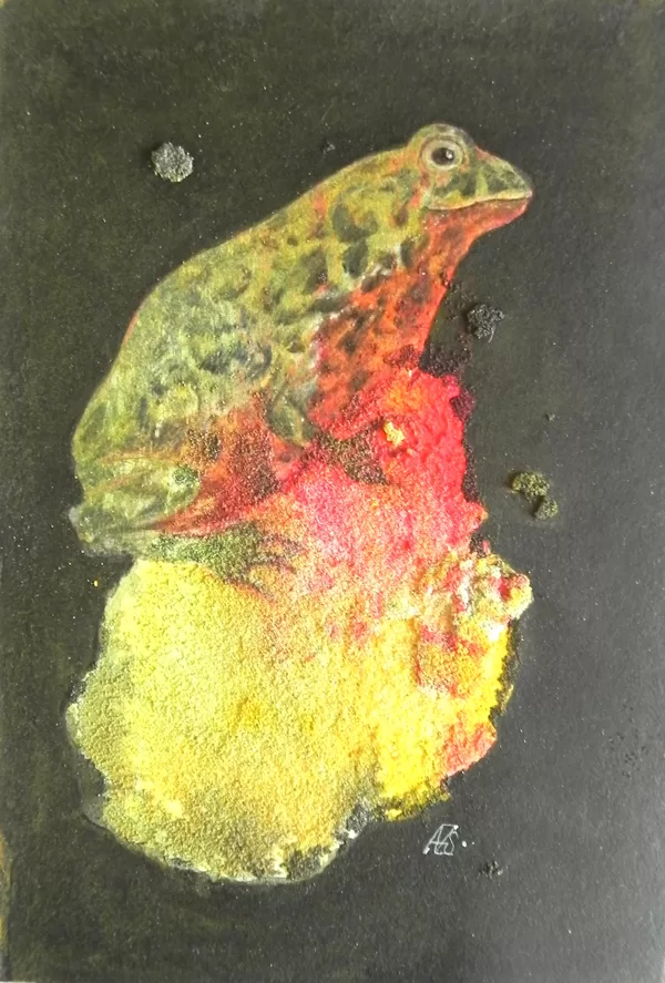 Sarkanvēdera ugunskrupis. Bombina bombina L. Monotipija, olas tempera, zelts. 15,2x10,5cm.