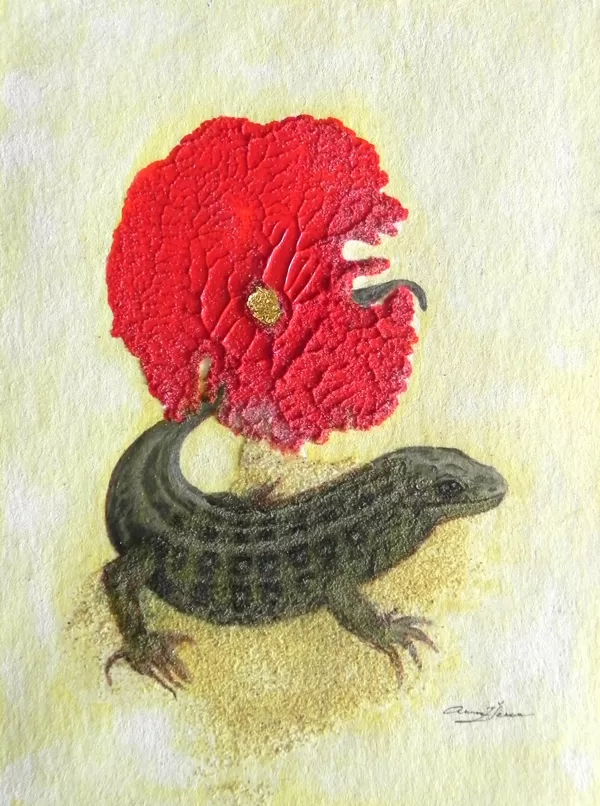 Sila ķirzaka. Lacerta agilis L. Monotipija, olas tempera, zelts. 14x10,5cm. 2024