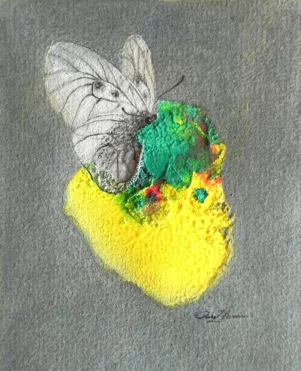 Cīrulīšu dižtauriņš. Parnassius mnemosyne L. Monotipija, olas tempera, zelts. 9x7cm. 2024