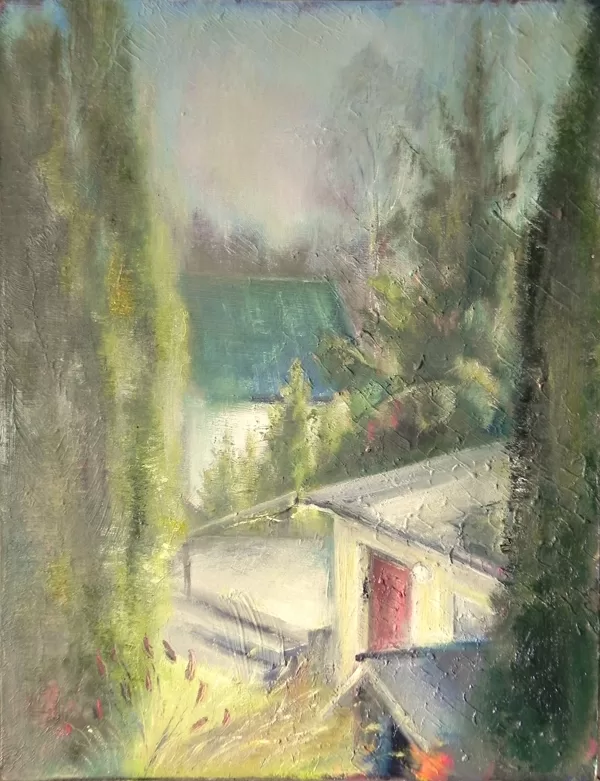 "Pavasaris aiz loga. Ķemeri". Kartons, eļļa. 59x47cm.  2021