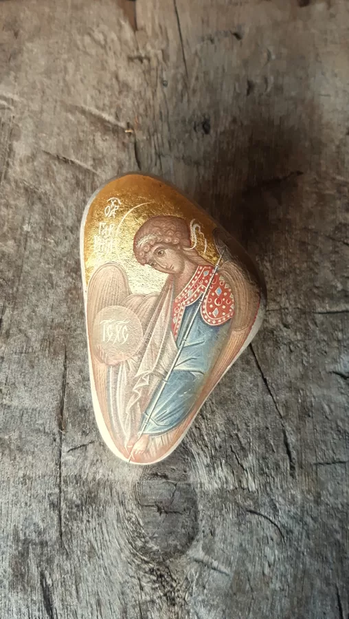 Archangel Gabriel. Painted directly on stone. Egg tempera, gold 24 kar. 2020