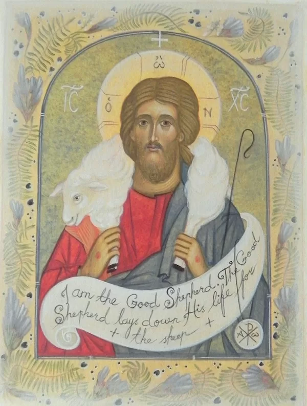 Good Shepherd. With plants protected in Ireland. Egg tempera on paper. 2023