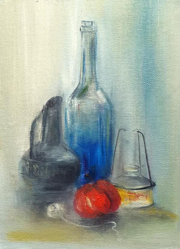 "Stll Life with red apple". Oil on canvas. 24x18cm. 2020