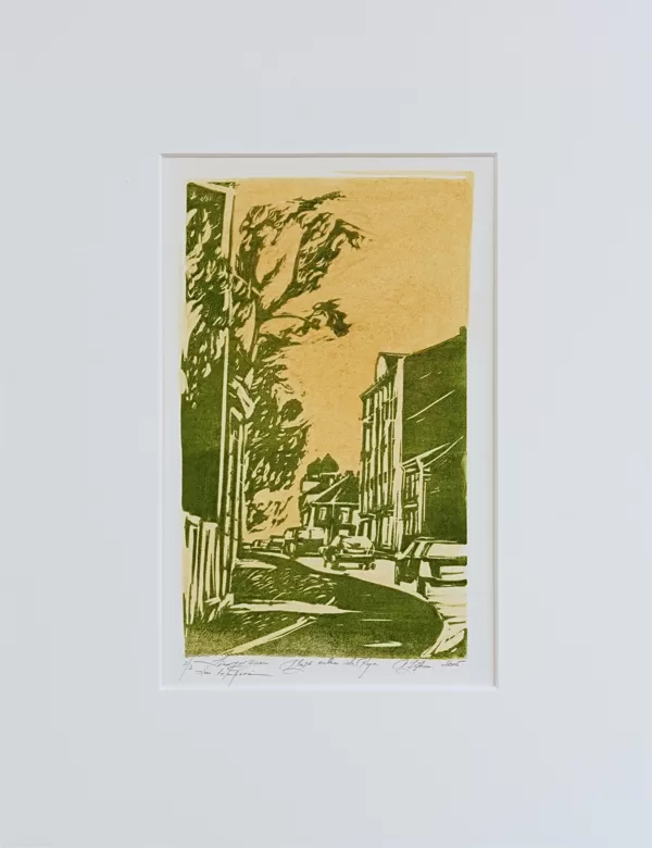 "Riga. Maza kalna street". Paper, linocut, egg tempera. 27x19cm. 2015