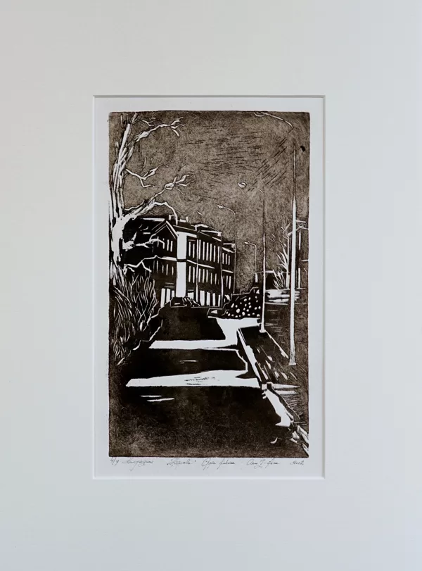 "Riga. Ķipsala. Enkura street". Paper, linocut. 29x22,2cm. 2012