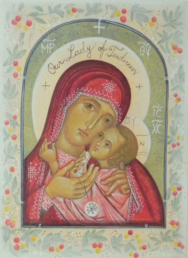 Our Lady of Tenderness. With plants protected in Ireland. Egg tempera on paper. 2023