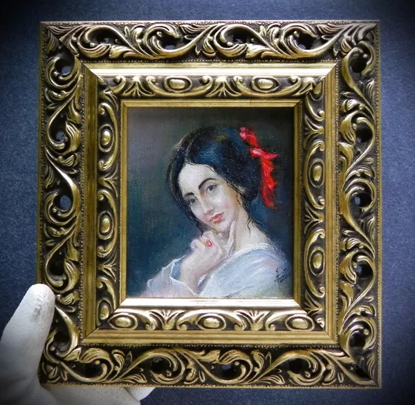 Miniature. Portrait of a women in a wintage mood. 10x8,5cm. Oil on canvas. 2025