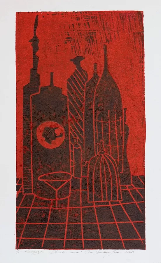 "Elementary red". Colored linocut. 33,5x21cm. 2008