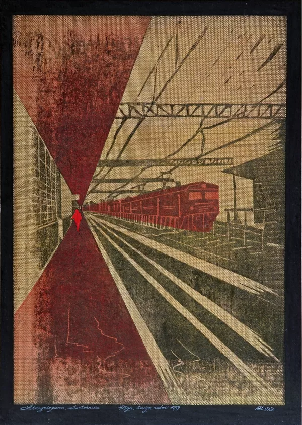 "Riga Railway Station in Autumn". Paper, linocut, rapidograph, ink. 33x23,5cm. 2019