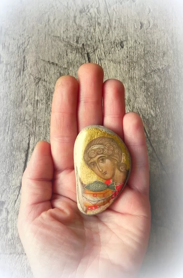 Archangel Raphael. Stone, levkas, egg tempera, gold 24 kar. 2020